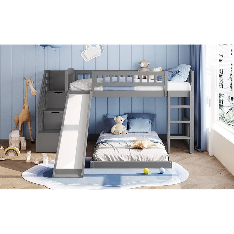 Roomfitters Stairway Twin Over Twin Bunk Bed with Slide and Storage Drawers, Grey