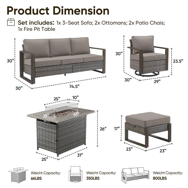 Pocassy Fire Pit Table with Outdoor Sofa Chair Ottoman Set