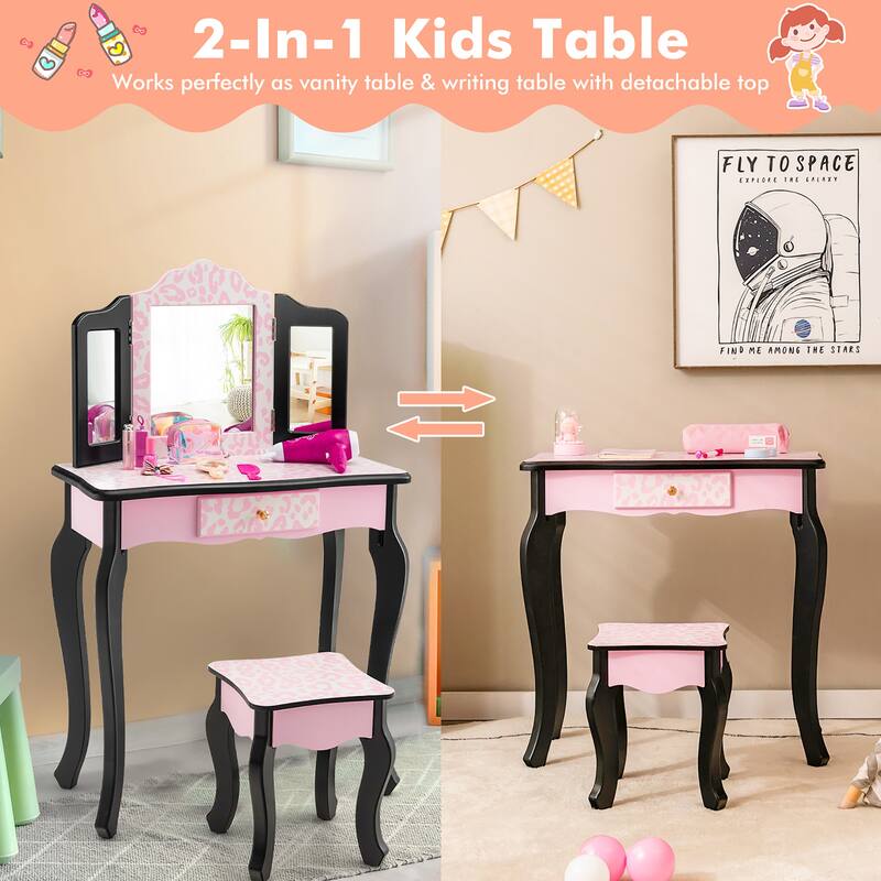 Costway Kid Vanity Set Wooden Makeup Table Stool Tri-Folding Mirror - See Details
