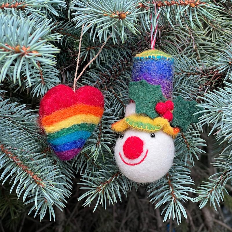 Rainbow Top Hat Snowman and Heart Handmade Felt Ornaments, Set of 2