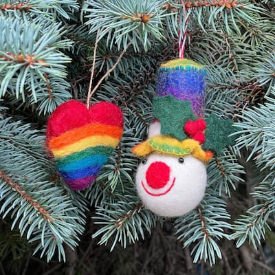 Rainbow Top Hat Snowman and Heart Handmade Felt Ornaments, Set of 2