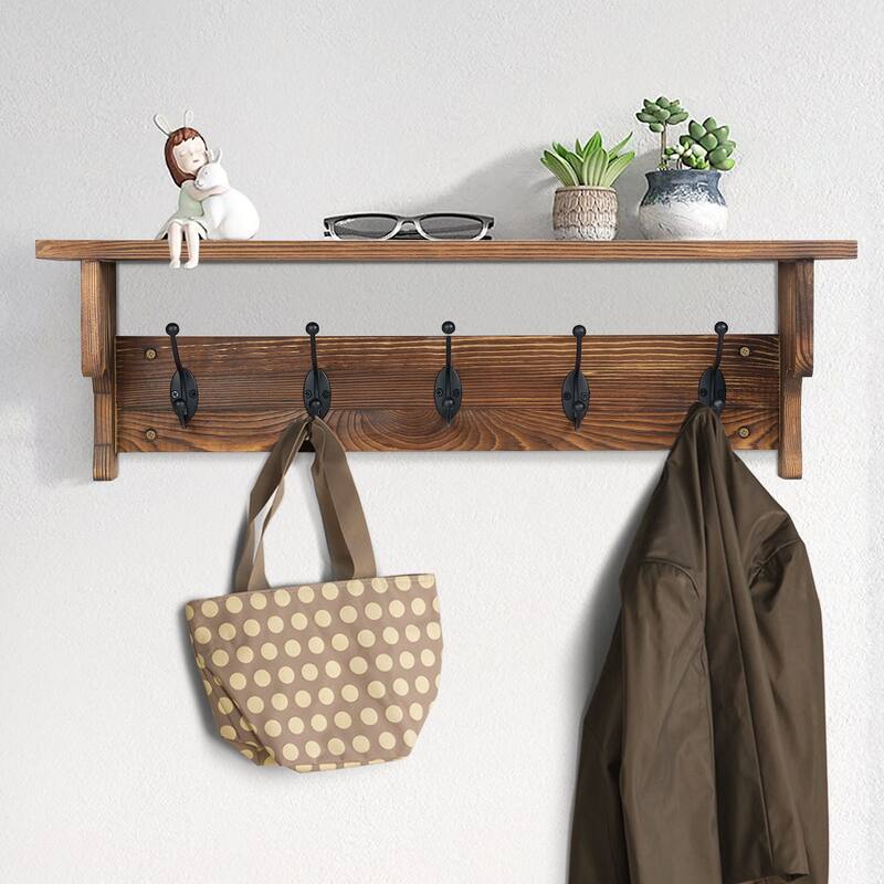 5/8 Metal Hooks Rustic Wall Mounted Coat Rack w/ Storage Shelf