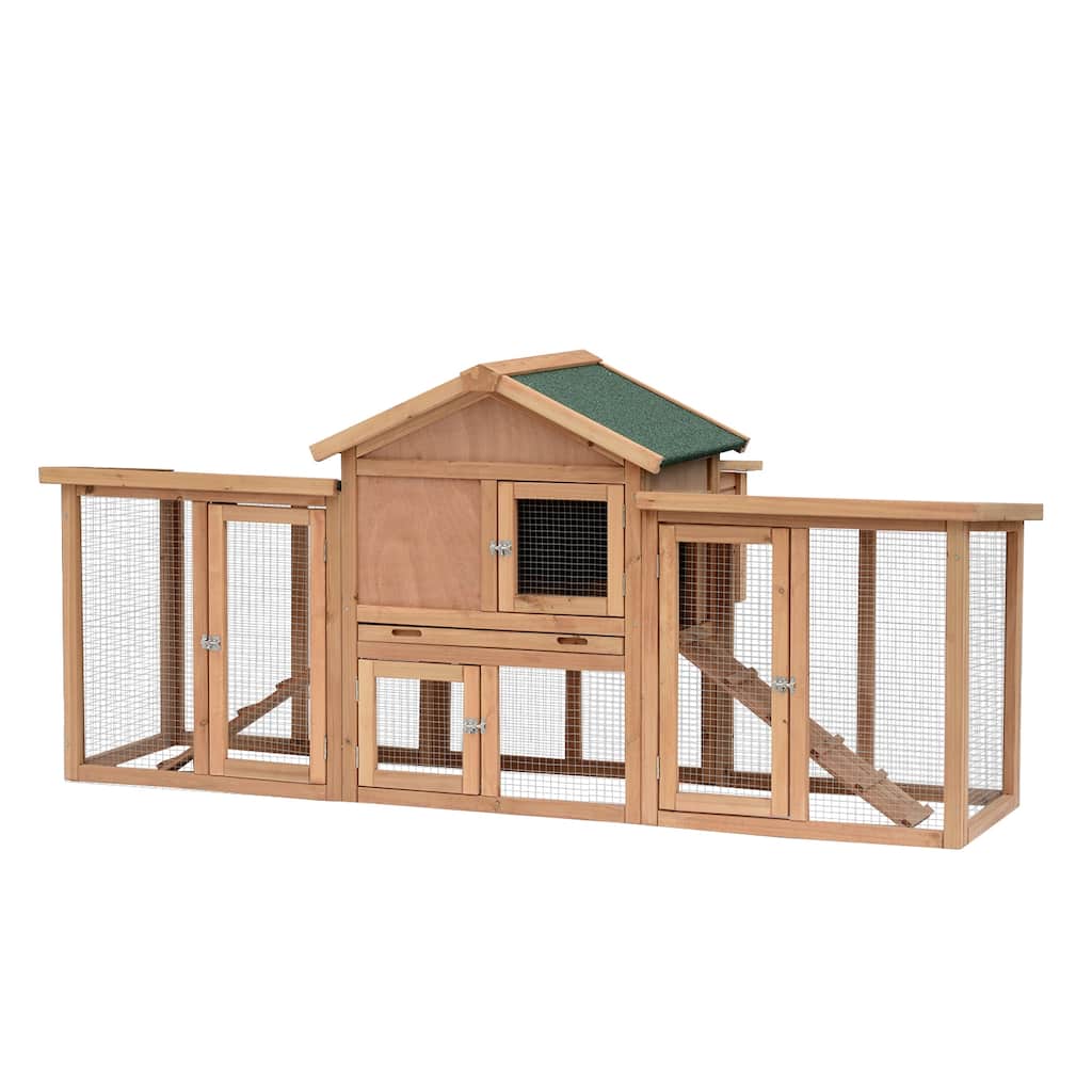 PawHut 80" Wooden Chicken Coop Backyard Hen Cage House Poultry w/ Nesting Box Run - Brown/Green - 37"h x 82"d x 35"w