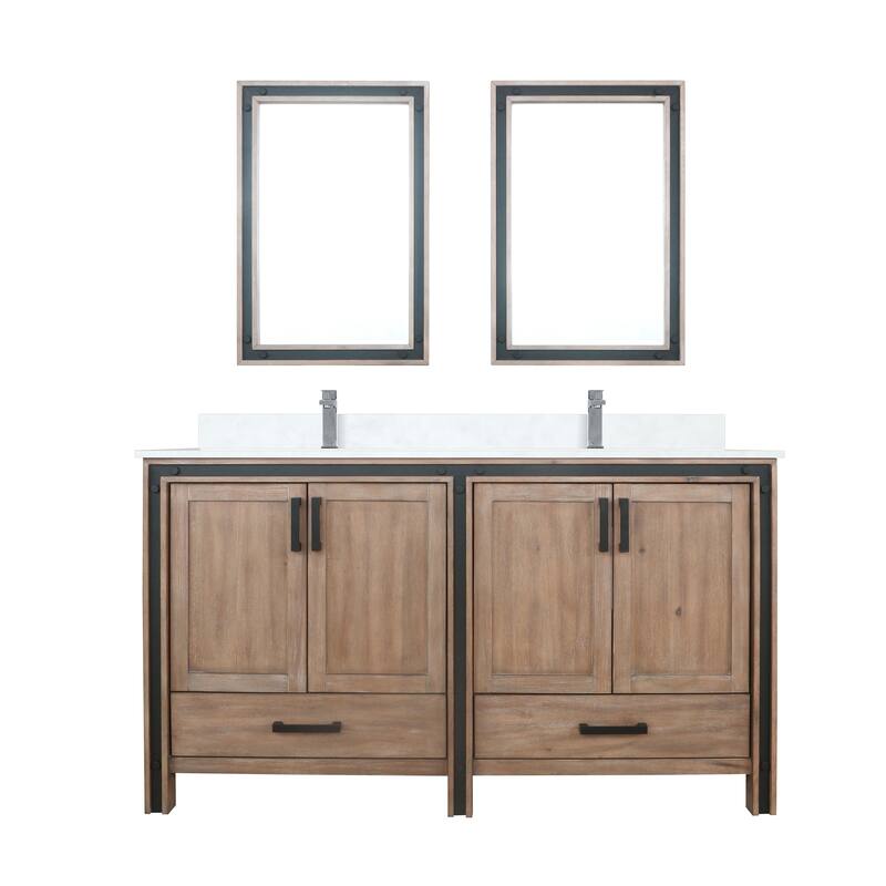 Ziva Bath Vanity, White Quartz Top, Faucet Set and Mirrors - Rustic Barnwood - 60 Inch
