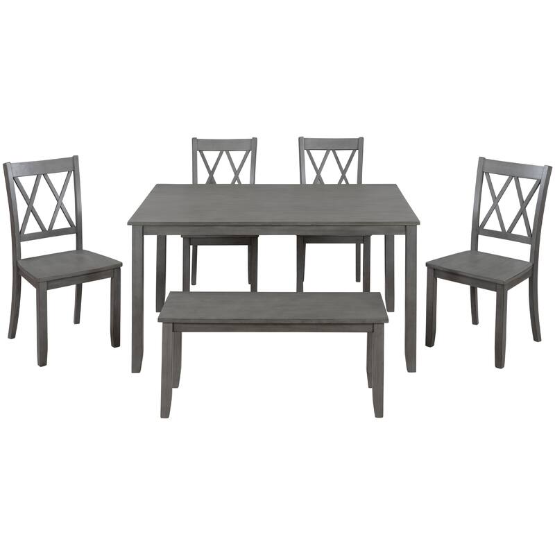 Solid Wood 6Piece Kitchen Table Set, Farmhouse Rubberwood Dining Table Set with Cross Back 4