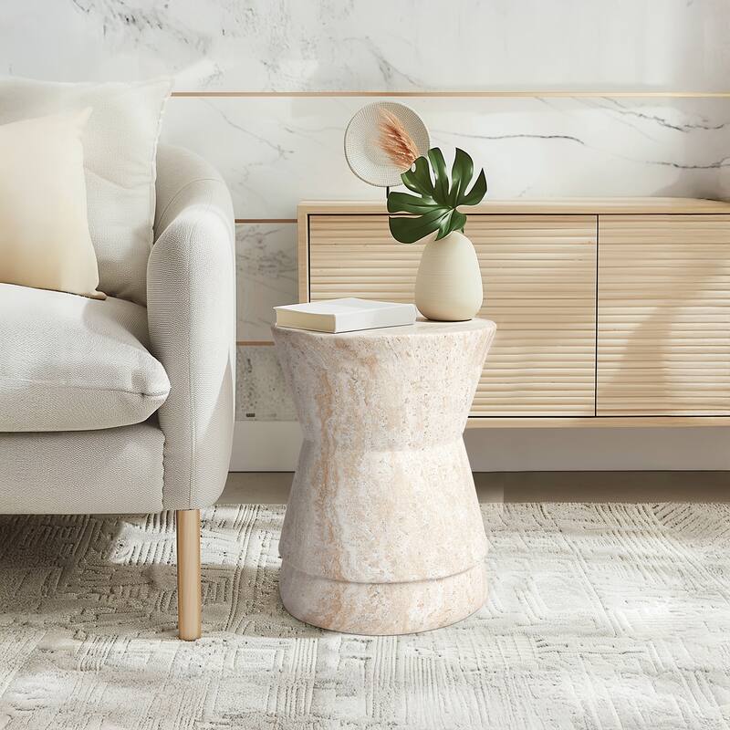 Hourglass Travertine Stone Finish Italian Design MgO Side Accent Table - 14.4"x14.4"x17.7"