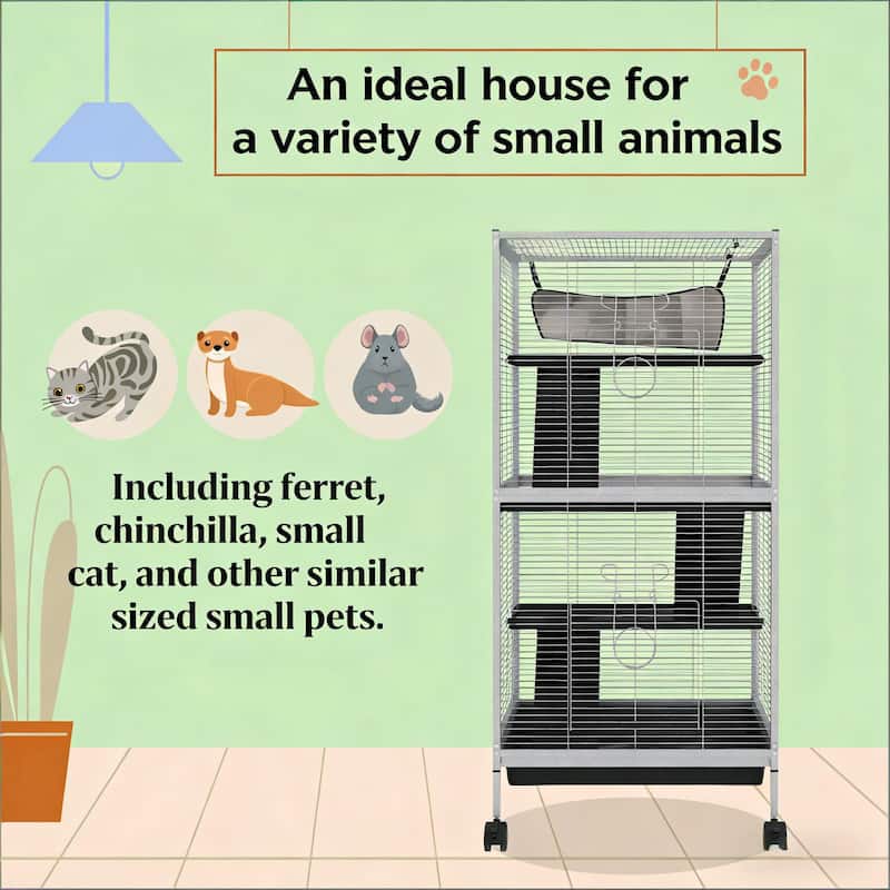 Spacious Pet House,Rolling Small Animal Hutch Cage,Small Pet Hutch is designed for convenient cleaning - White