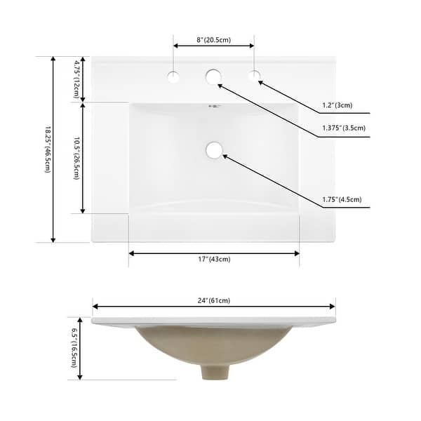 dimension image slide 1 of 4, JONATHAN Y Aubert 3-Hole Rectangular Ceramic Single Sink Basin Vanity Top