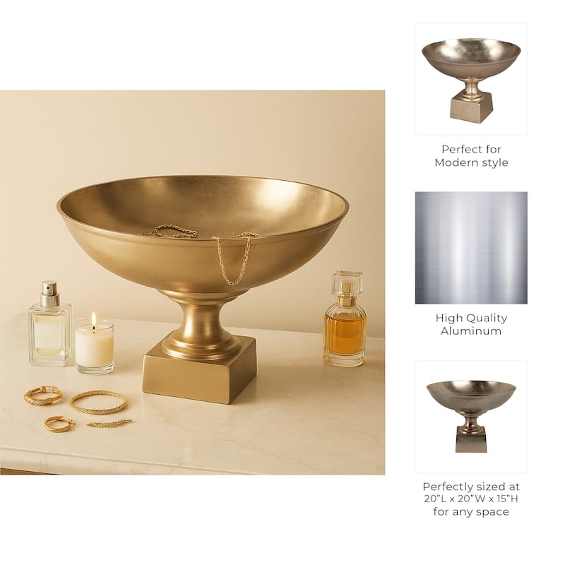 Decorative Aluminum Bowl Modern Pedestal Base - Home Decor - 15", Gold - 20.0"
