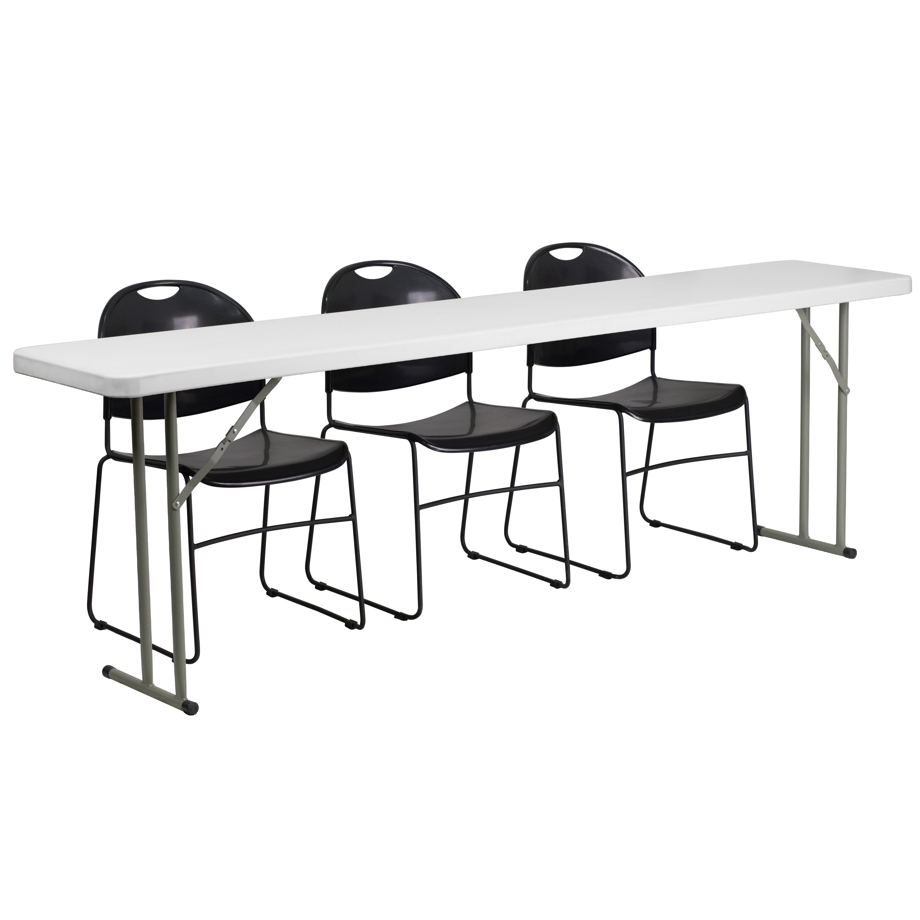18" x 96" Plastic Folding Training Table Set with 3 Plastic Stack Chairs