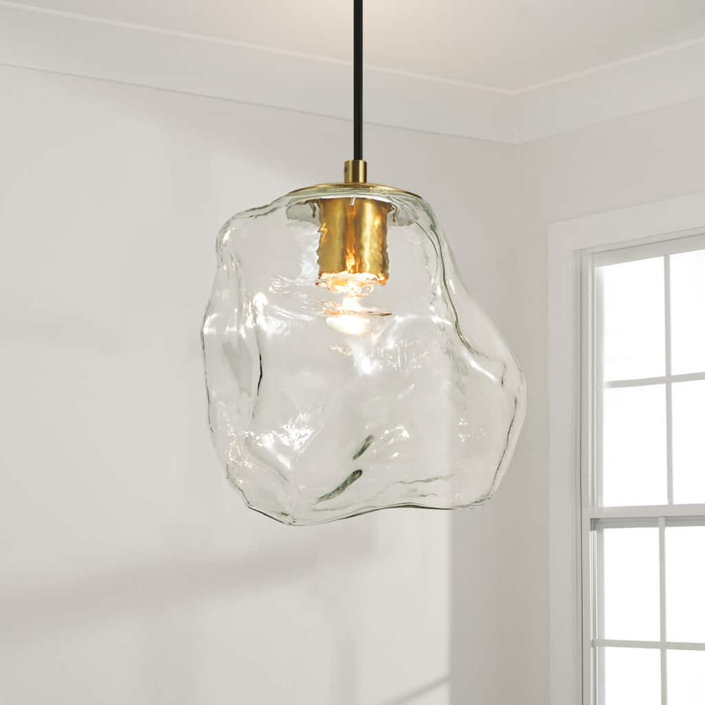 Rennnsan 1-Light Modern Minimalist Brass Irregular Glass Pendant for Kitchen Island & Bedroom - 8.7 in. W x 8.7 in. H