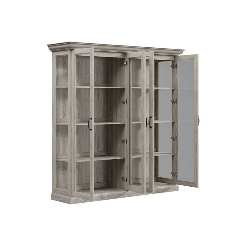 Glass Display Cabinet w/Light Tempered Glass Rustic Gray Oak Finish Bookshelvs Storage Cabinet