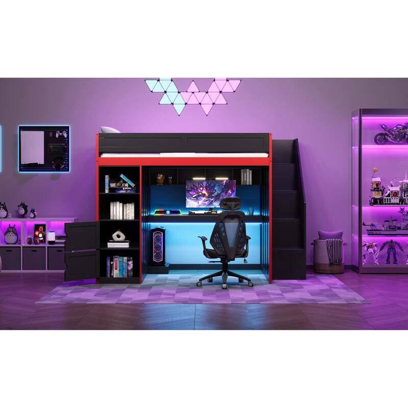 Roomfitters Twin/Full Gaming Loft Bed with Desk, Storage Locker and LED Lights, Black