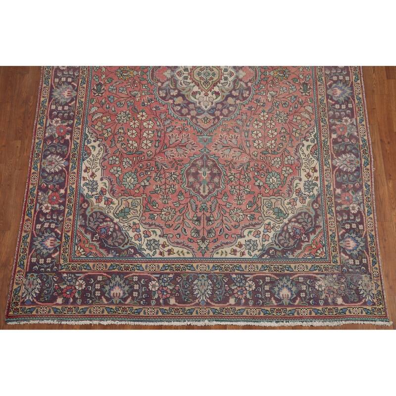 Hand Knotted Oriental 100% Wool Carpet Traditional Floral Pink Tabriz Area Rug - 9' 11'' X 6' 5''