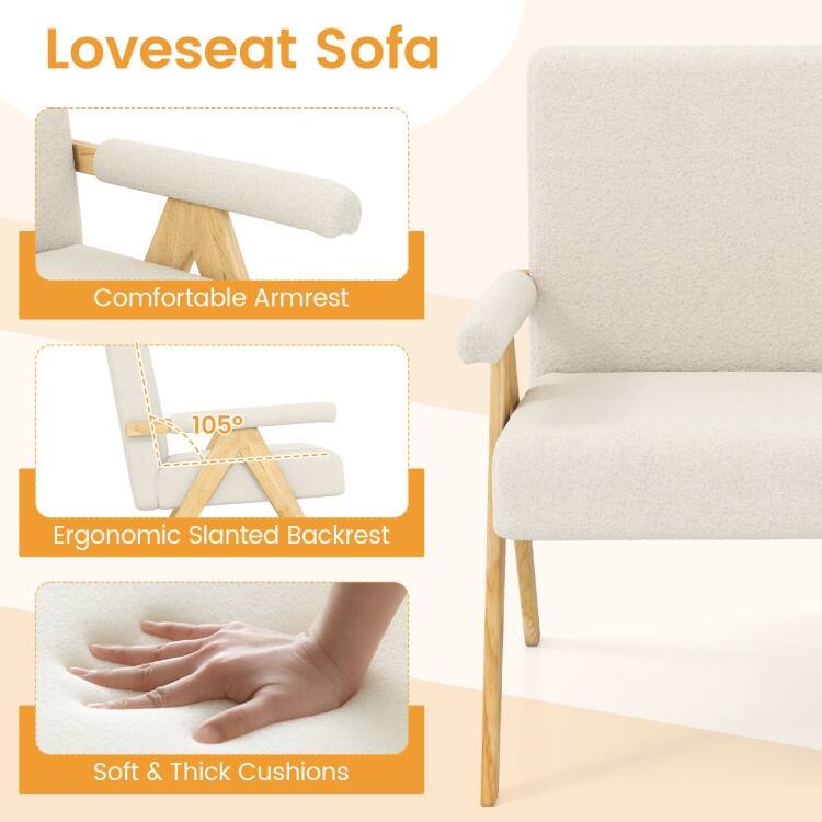 Sherpa Fabric Rubber Wood Loveseat Sofa with Cushions and Ergonomic Design - 47" x 29" x 36"