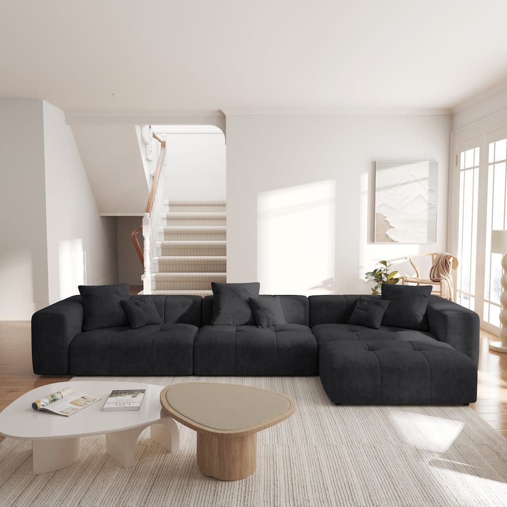 3-Seater Modular Sectional Couch with Ottoman Modern Linen Upholstered Sectional Sofa