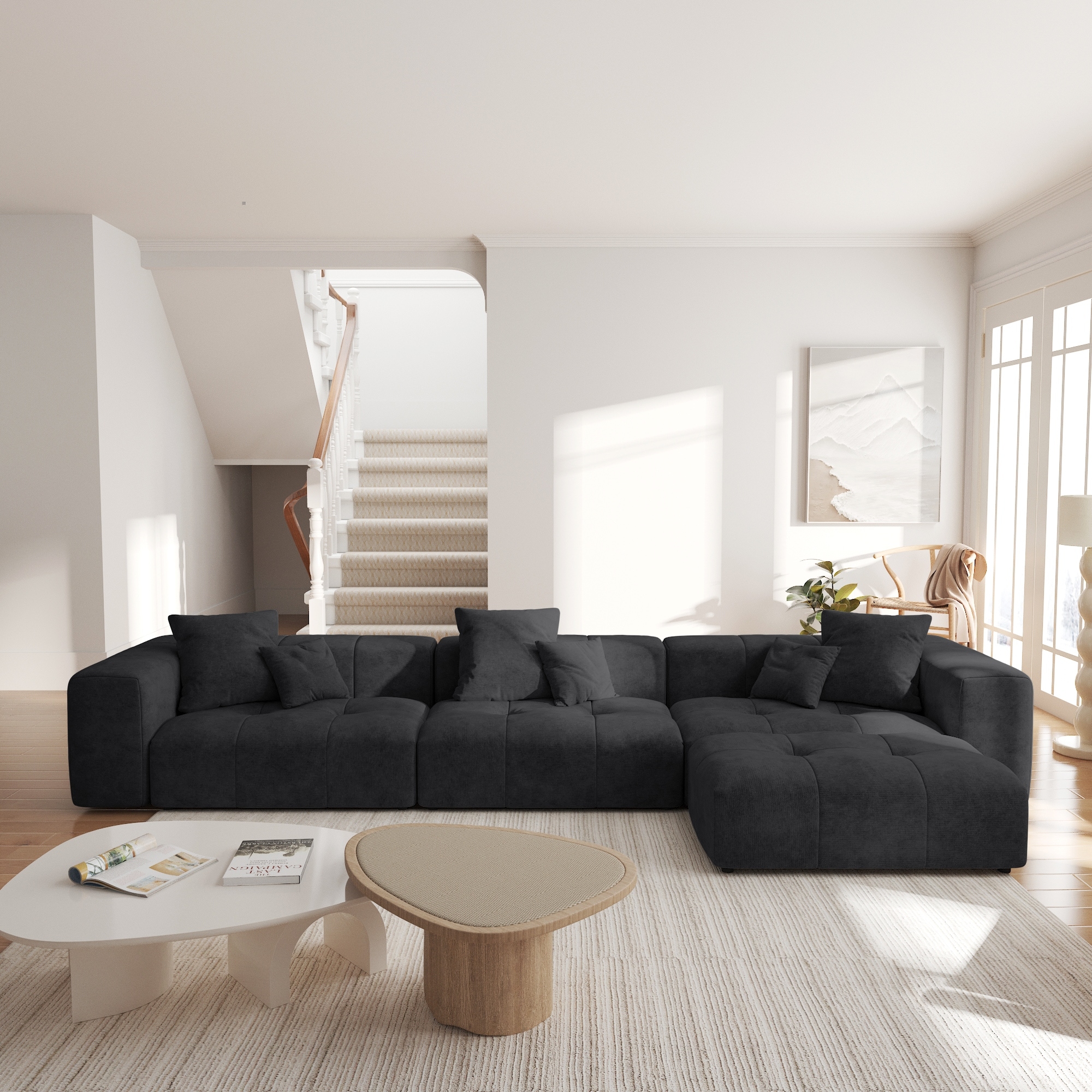 3-Seater Modular Sectional Couch with Ottoman Modern Linen Upholstered Sectional Sofa