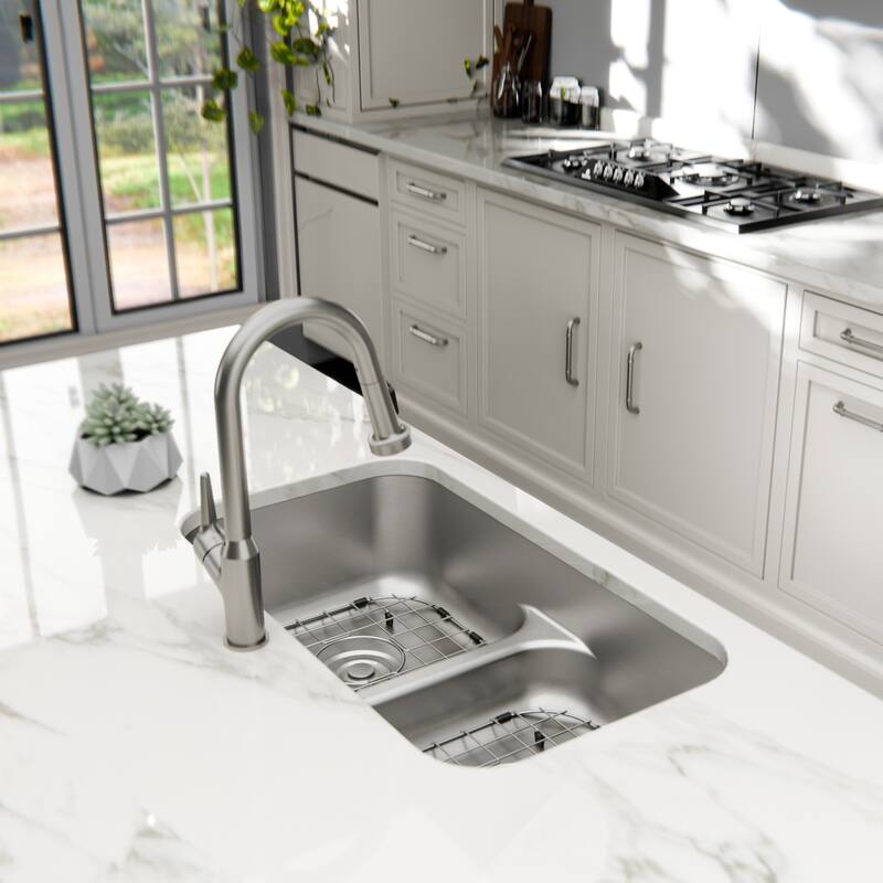 Karran Profile 32” Undermount 18 Gauge Low Divider Double Bowl Stainless Steel Kitchen Sink with Accessories