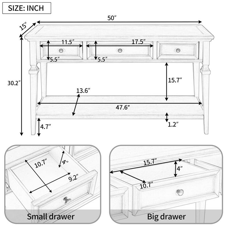 Solid Wood Living Room Console Table, Classic Retro Storage Entryway Sofa Table with 3 Top Drawers and Open Bottom Shelf