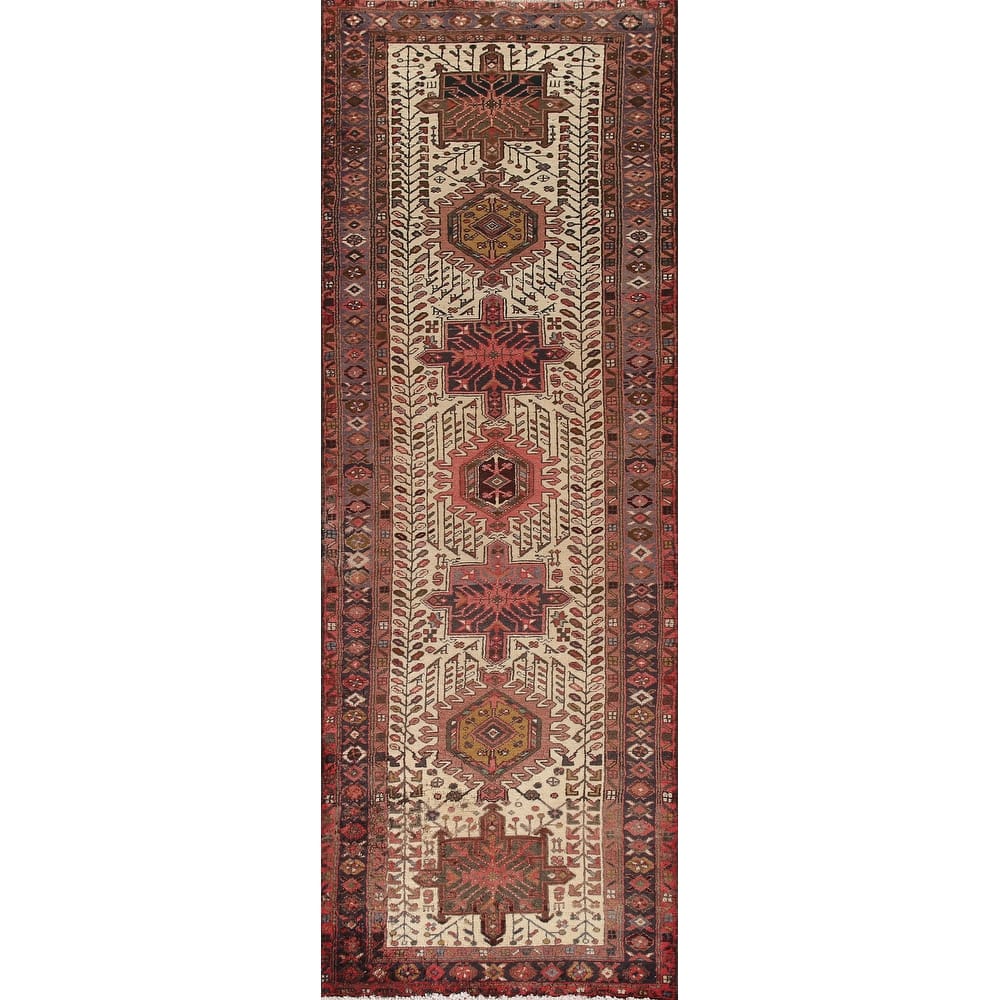 Geometric Heriz Persian Vintage Runner Rug Handmade Wool Carpet - 3'1"x 10'8"