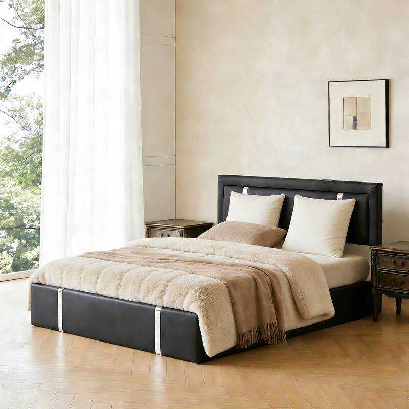 Queen Bed Frame with Adjustable LED Lights Headboard, USB-C Charging Ports, Upholstered Platform Bed, Metal Slats Support - Black