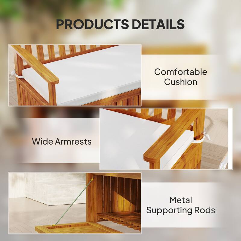 Teak-Cream White Acacia Wood Outdoor Bench with Cushion and Storage - 46.9" W x 24.6" D x 32.7" H