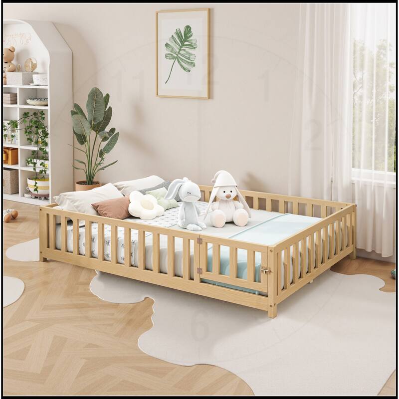 Full Size Floor Platform Bed with Fence and Door