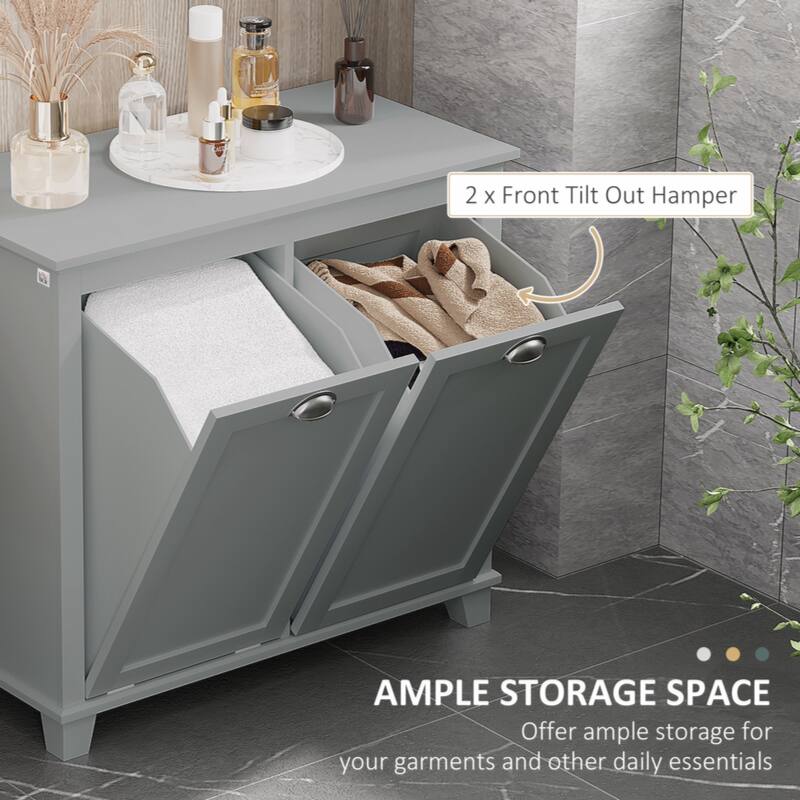 Bathroom Storage Organizer with Two-Compartment Tilt-Out Hamper, Gray