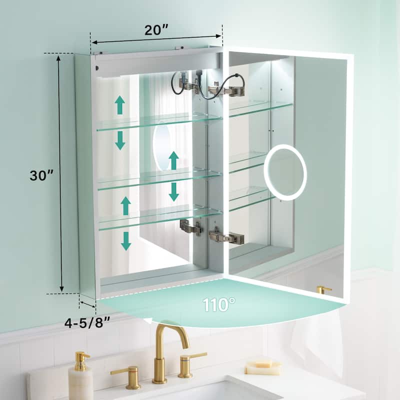 30'' H Recessed or Surface Frameless LED Mirror Cabinet With Defogger, Dimmer, Outlets & USB Ports 