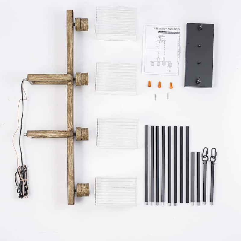 4-Light Faux Wood Linear Island Chandelier with Ribbed Glass Shades - Dia.30.51-in