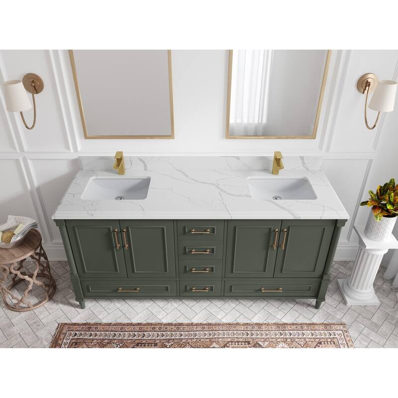 Willow Collections 72 in. W x 22 in. D Aberdeen Double Sink Bathroom Vanity with Countertops - 1.5" Calacatta Laza - Pewter Green
