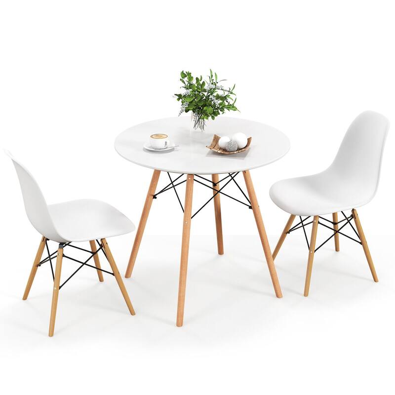 Gymax 3 Pieces Dining Table Set Modern Round Table & 2 Chairs w/ Wood - White