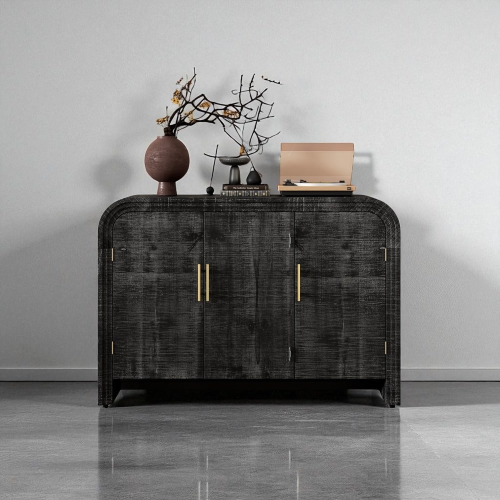 47" Retro Curved Sideboard with Gold Handles, Adjustable Shelves, Fir Veneer Cabinet for Dining or Entryway