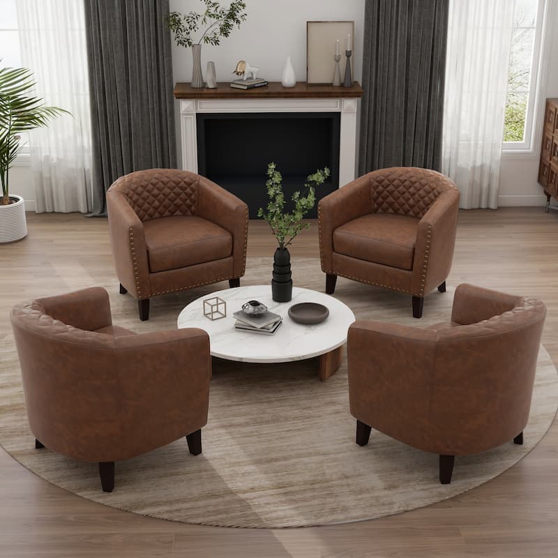Modern Leather Nailheads Trim Barrel Accent Chairs with Wood Legs - 4 Set - Brown