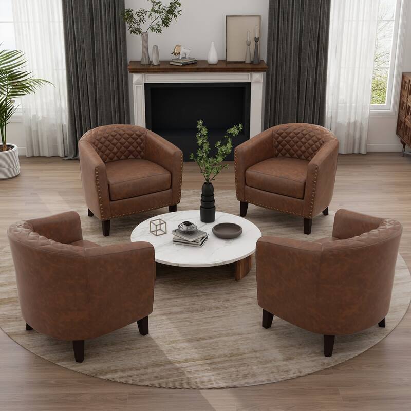Modern Nailheads Trim Leather Barrel Accent Chairs with Wood Legs