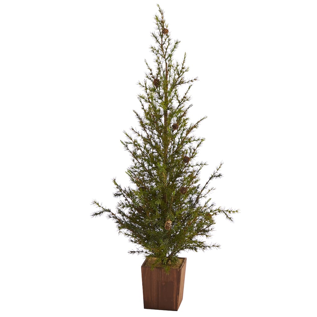 4’ Alpine with Pinecones Artificial Christmas Tree in Wood Planter