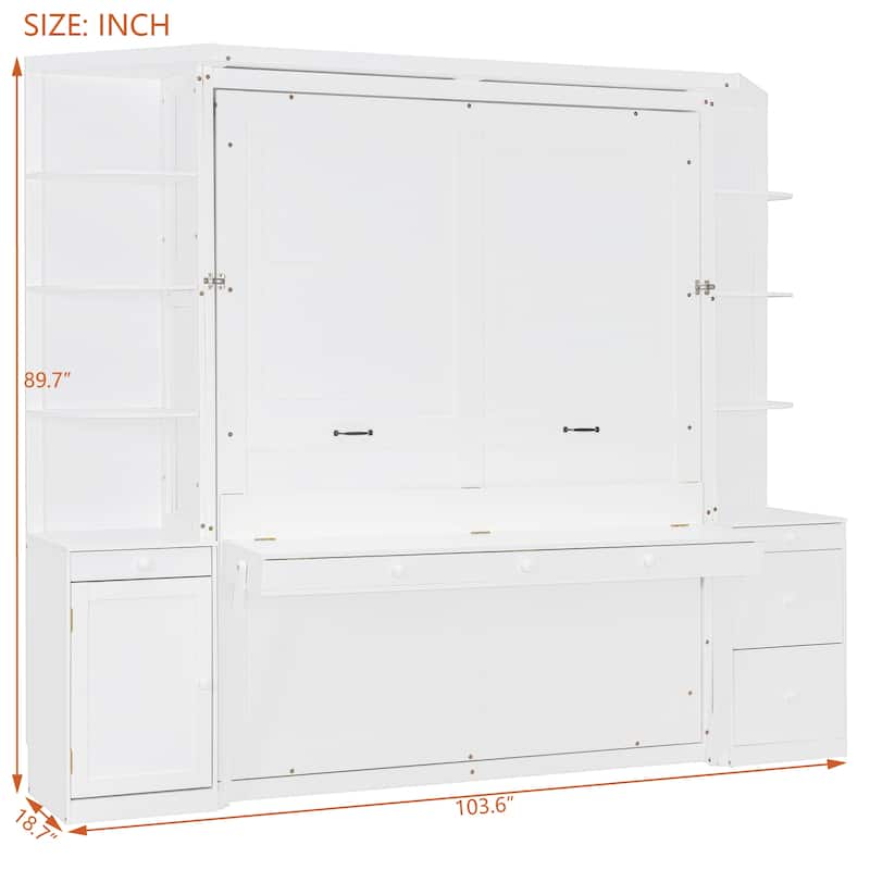 Queen Murphy Bed with Desk & Storage - Hidden Wall Bed with Cabinets and Shelves for Home Office, Includes Lighting