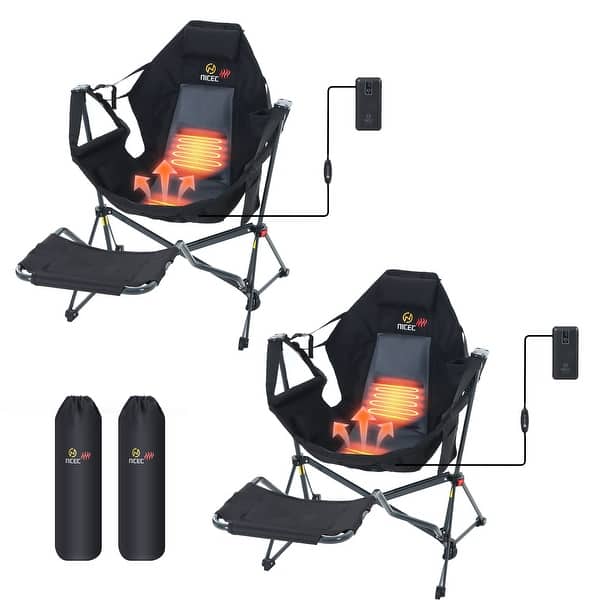 Heated Hammock Camping Chair with Footrest, Reclining Rocker, High Back, Side Pocket, Cup Holder & Power Bank Included - Black - 2 Pack
