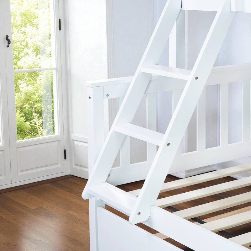 Twin Over Full Rubber Wood Bunk Bed with Twin Trundle, Convertible Ladder, Detachable Design, and Safety Guardrails