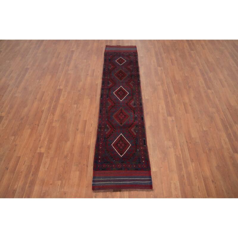 Hand Knotted Oriental 100% Wool Carpet Traditional Tribal Navy Blue & Blues Balouch Runner Rug - 8' 3'' X 1' 10''