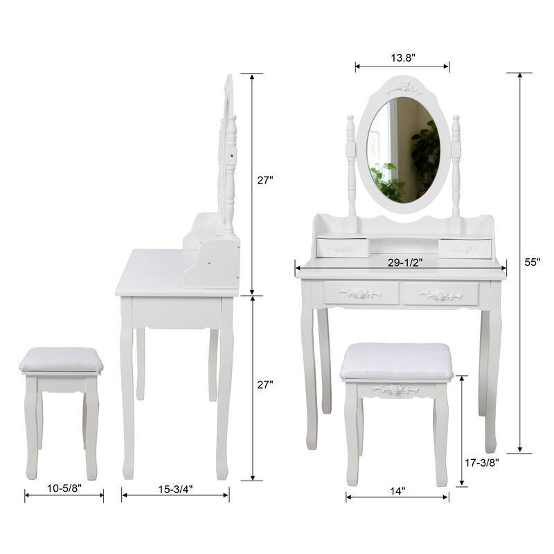 White Princess Vanity Set with Mirror & Cushioned Stool, 4-Drawer Makeup Dressing Table