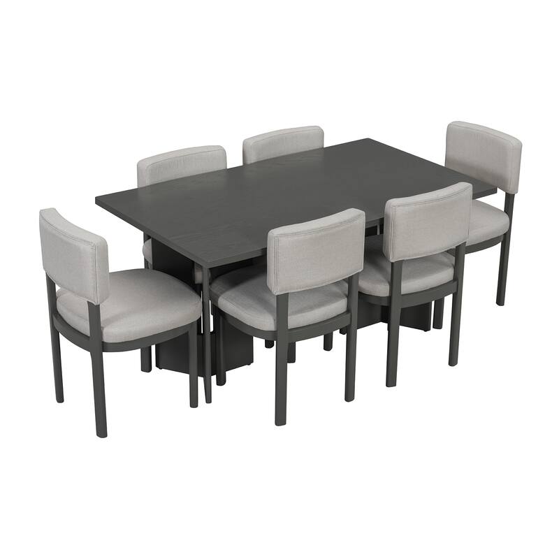 Roomfitters Farmhouse Dining Table Set for 6, 60" Rectangular Wood Table with Upholstered Chair & Cutout Legs