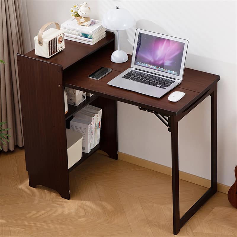 Bamboo Folding Desk with Hidden Storage & Built-in Socket for Small Spaces - Walnut
