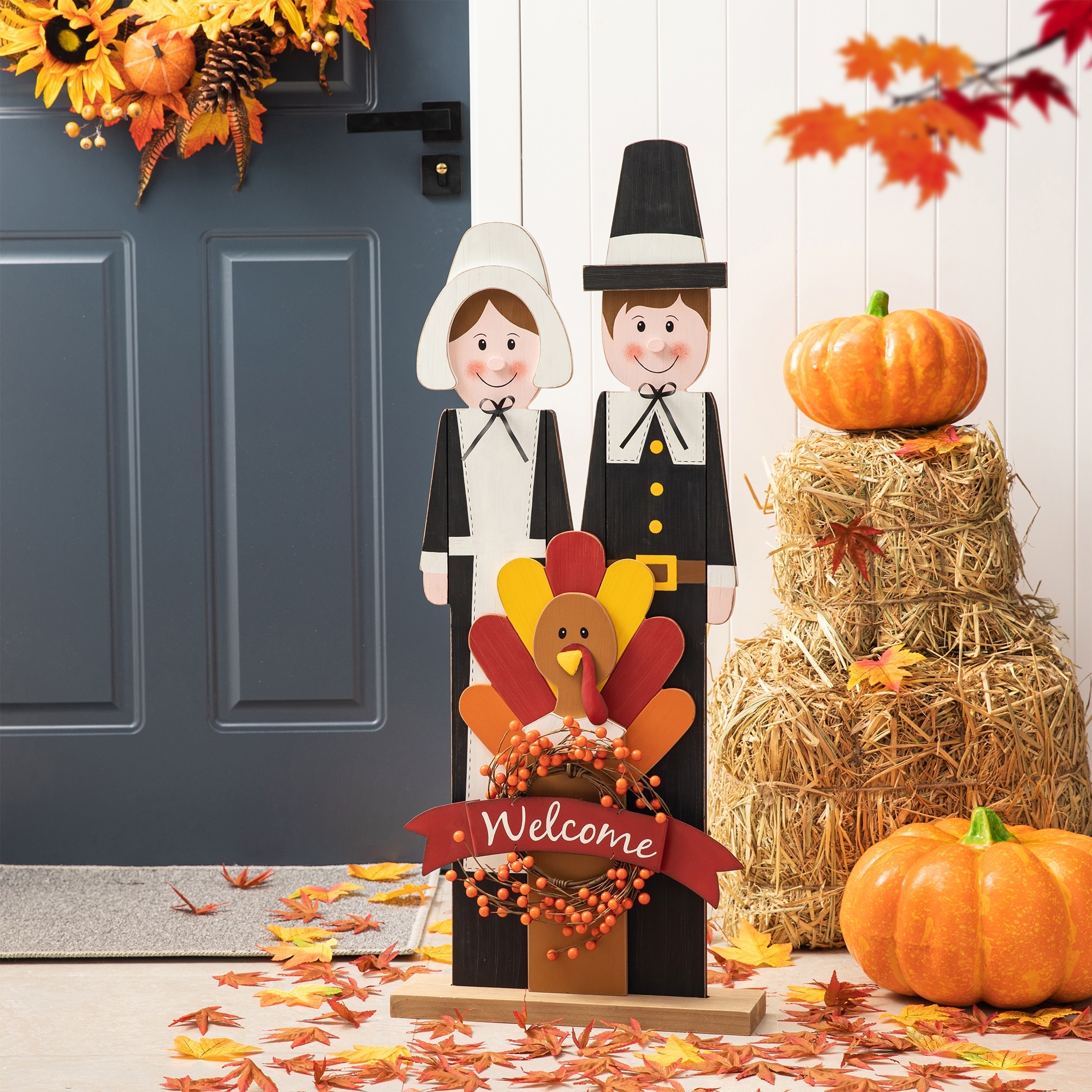 Glitzhome 36"H Thanksgiving Wooden Turkey Pilgrim Couple Poch Decor