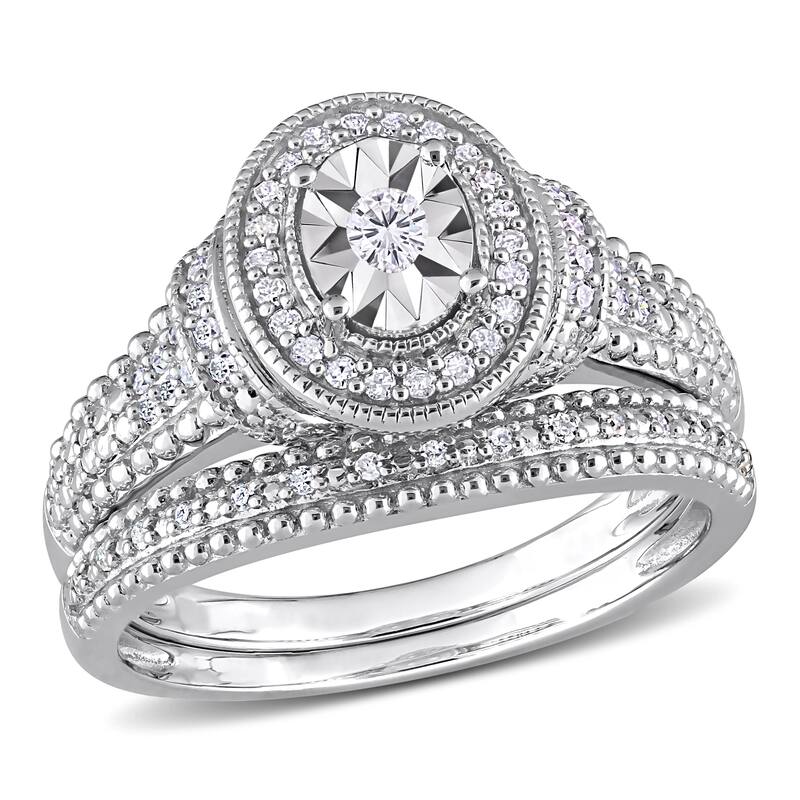 Miadora 1/4ct TDW Diamond Oval Halo Bridal Ring Set in Sterling Silver