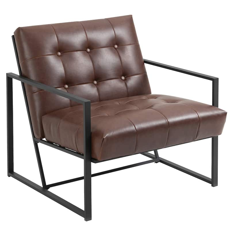 HOMCOM Mid-Century Modern Accent Chair Faux/Leather Sofa Button Tufted Armchair with Metal Frame, Brown - 24.5"x29.25"x30.75"