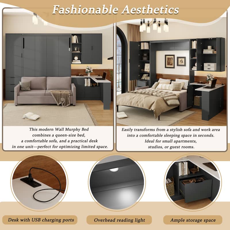 Queen Wall Murphy Bed with Hydraulic Lift Storage, Sofa, Shelves, Drawers, LED & USB Lighting for Small Spaces