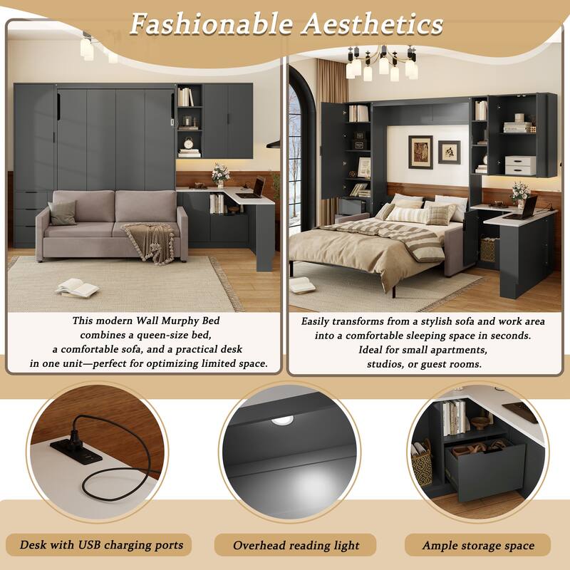 Ultimate Space-Saving Queen Wall Bed with Corduroy Sofa by Harper&Bright Designs