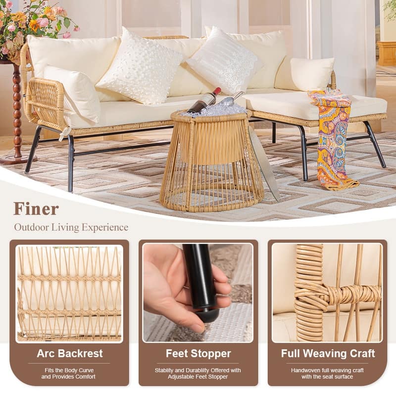 3-Piece Outdoor Boho Patio Furniture Set, L-Shaped Sectional Sofa with Ice Bucket Table, All-Weather Wicker Conversation Set
