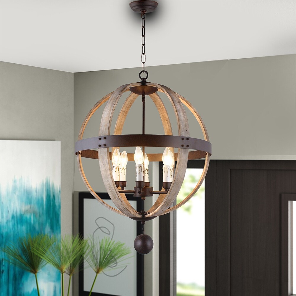 6 Light Candle Style Globe Chandelier in Rustic Metal and Natural wood